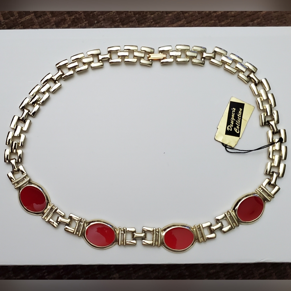 Designers Collection Gold Chain Necklace W/Red Enamel Discs**18"** Made In USA